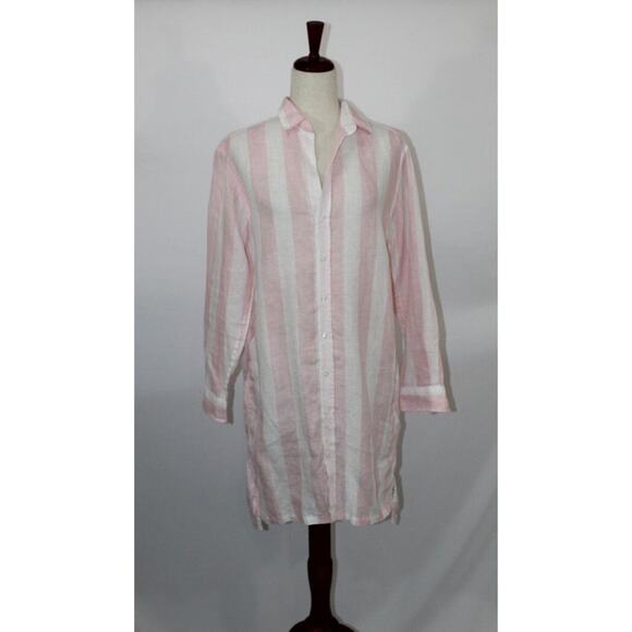 FRANK & EILEEN Sz S Small Pink White Stripe Hunter Linen Shirt Dress - Picture 7 of 10